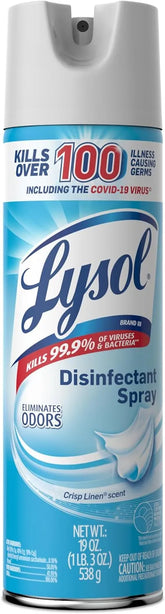 Lysol Disinfectant Spray, Household Essential Cleaning Supplies, Multi-Purpose Room Spray, Antibacterial Sanitizer Spray, Upholstery Deodorizer, Home and Bathroom, Crisp Linen,19 Fl Oz