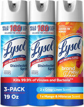 Lysol Disinfectant Spray, Household Cleaning Supplies, Disinfecting Multi-Purpose Room Spray, Antibacterial Sanitizer, Deodorizer, Kills Hantavirus, Crisp Linen + Mango & Hibiscus, 19 Fl Oz, 3-Pack