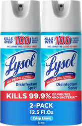 Lysol Disinfectant Spray, Household Cleaning Supplies, Disinfecting Multi-Purpose Room Spray, Antibacterial Sanitizer, Deodorizer, Kills Hantavirus, Crisp Linen, 12.5 Fl Oz (Pack of 2)
