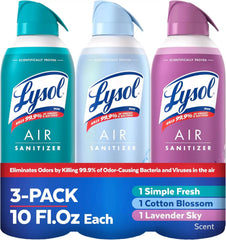 Lysol Air Sanitizer with Bacterial Odor Eliminator for Home & Office, Air Freshener Alternative, Simple Fresh + Cotton Blossom + Lavender Sky, 10 oz (Pack of 3)