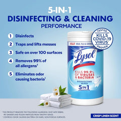 LYSOL Disinfecting Wipes, All Purpose Cleaner, Multi-Surface Antibacterial Cleaning Wipes, Household Cleaning Supplies, Dorm Essentials, Crisp Linen Scent, 80 ct.