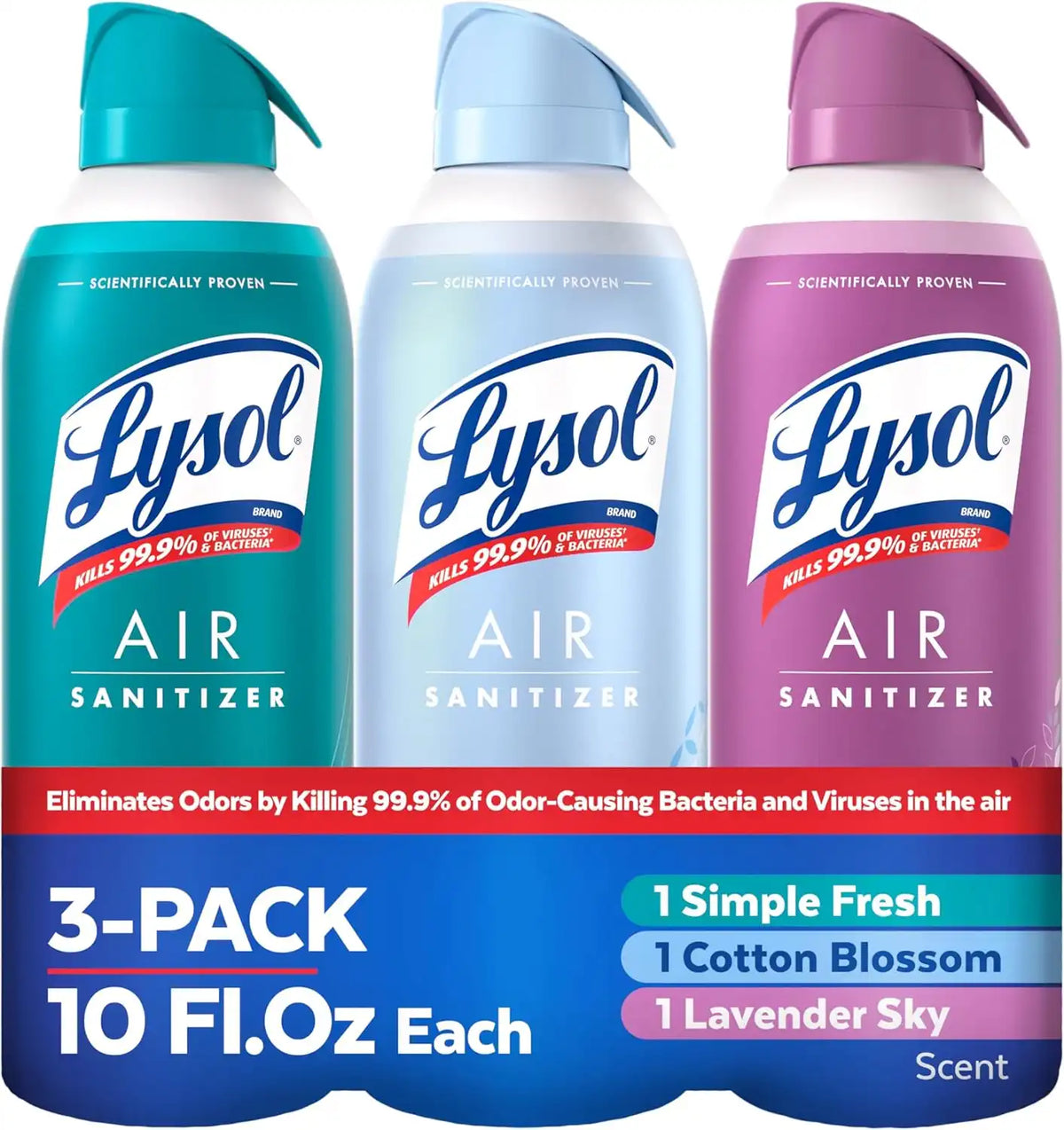 Lysol Air Sanitizer with Bacterial Odor Eliminator for Home & Office, Air Freshener Alternative, Simple Fresh + Cotton Blossom + Lavender Sky, 10 oz (Pack of 3)